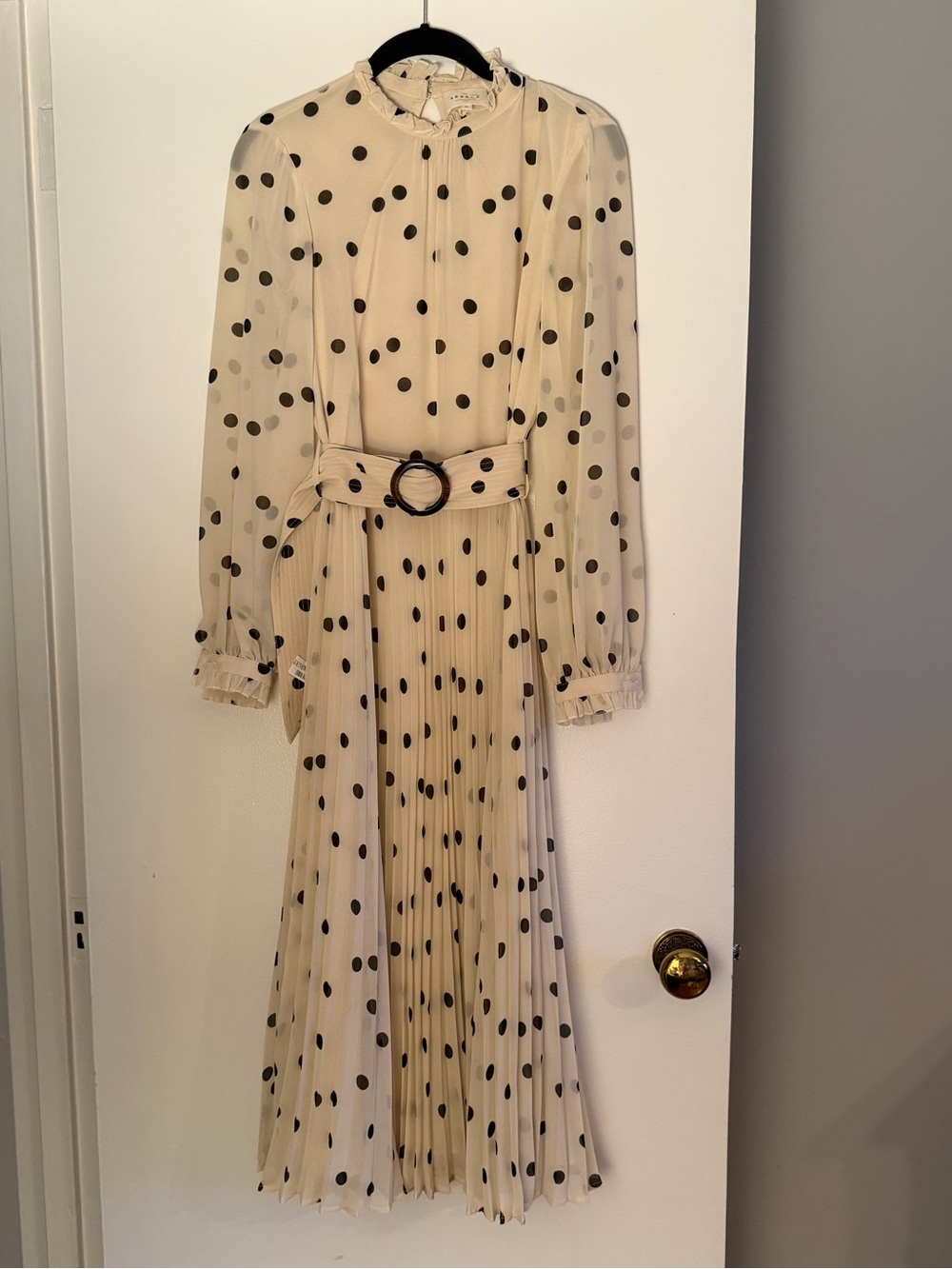 Cream with Black Polka Dot Long Sleeve Pleated Midi Dress from Sézane